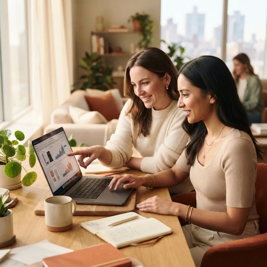 Two studio members collaborating at a laptop